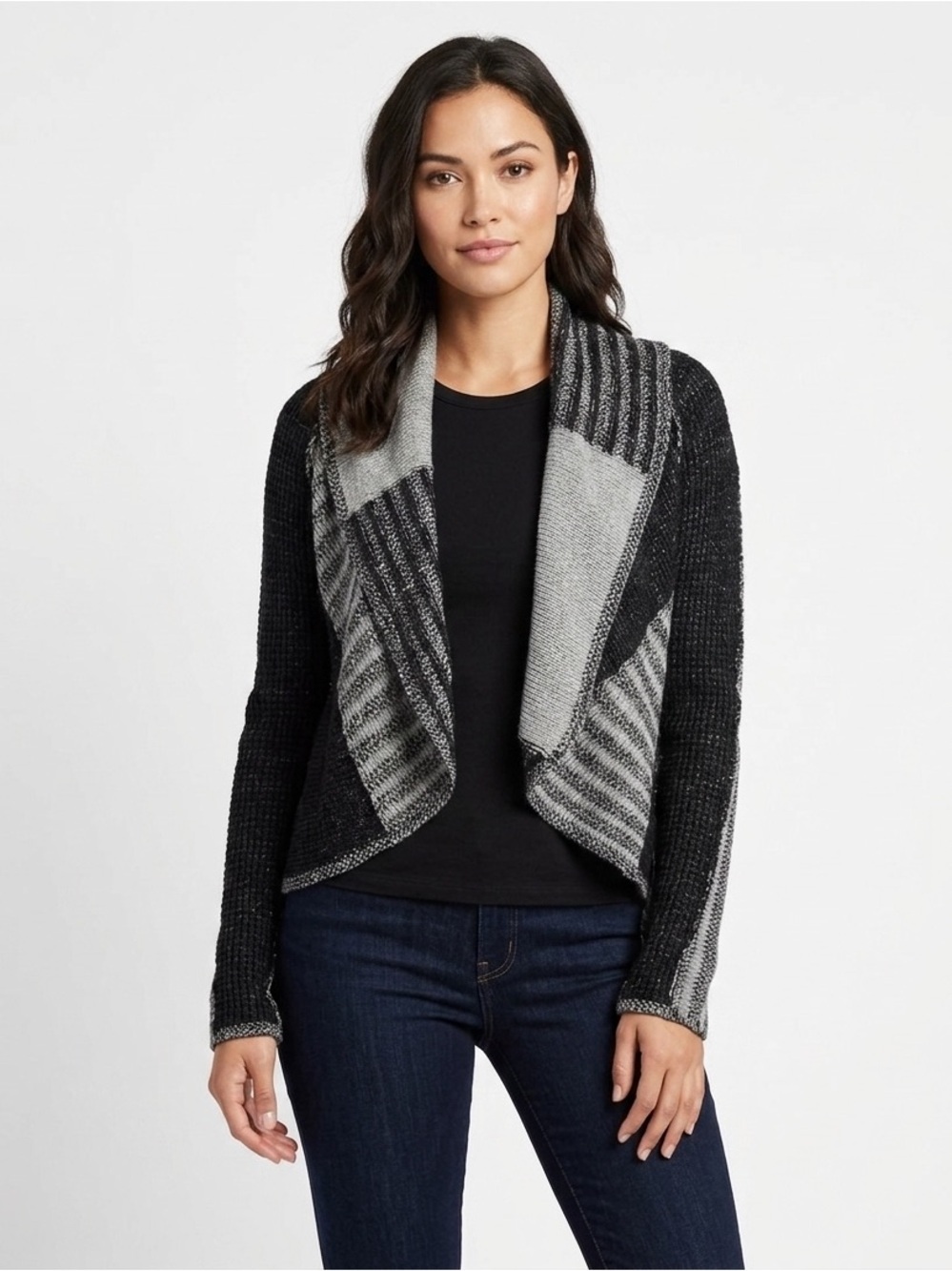 CAbi Wool Blend Black White Grey Knit Flowy Preppy Cardigan Sweater Size Medium